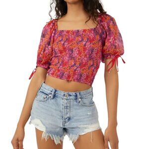Free People Women's Floral Smocked Puff Sleeve Top